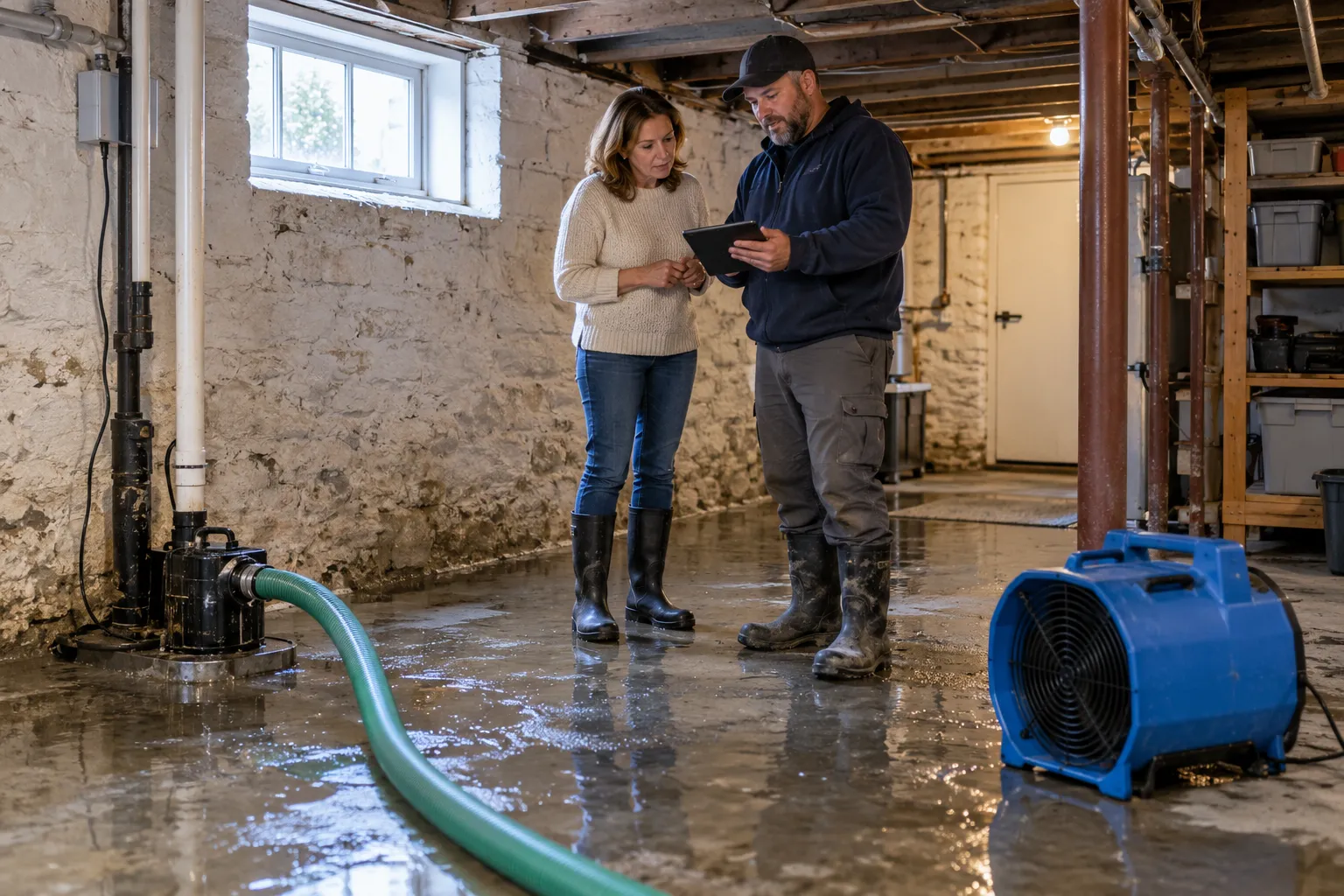 Water damage restoration technician drying a flooded living room in Baltimore